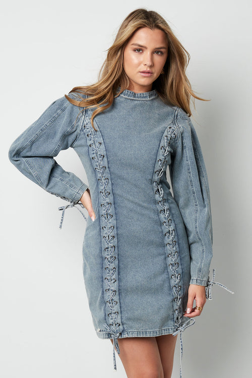 Cotton Woven Denim Dress Elegant Tie-up Solid Color